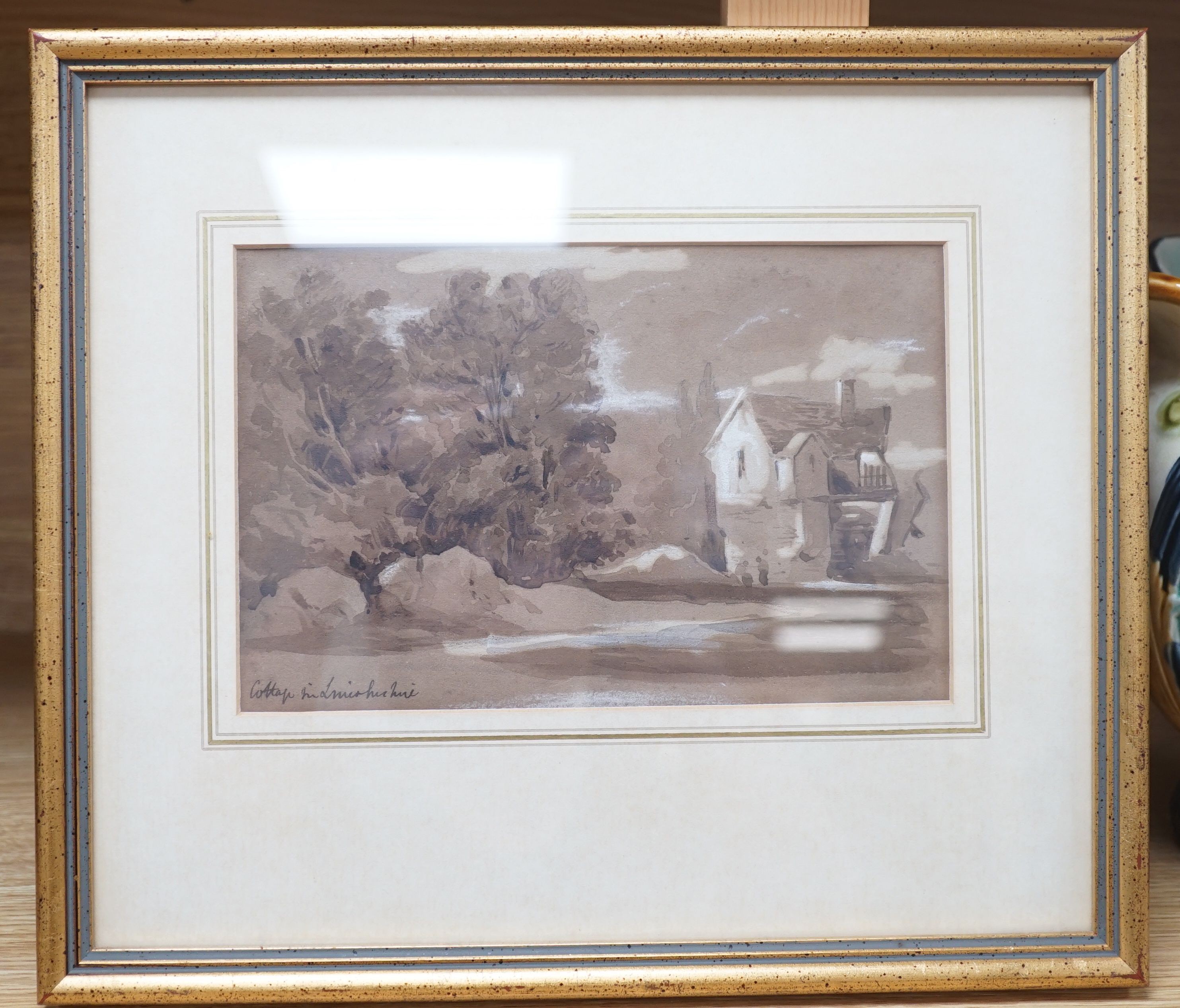 Sixth Earl of Essex (1803-1892), Tree lined landscape with farmhouse and figures, pencil and sepia wash, inscribed, 14 x 21.5cm